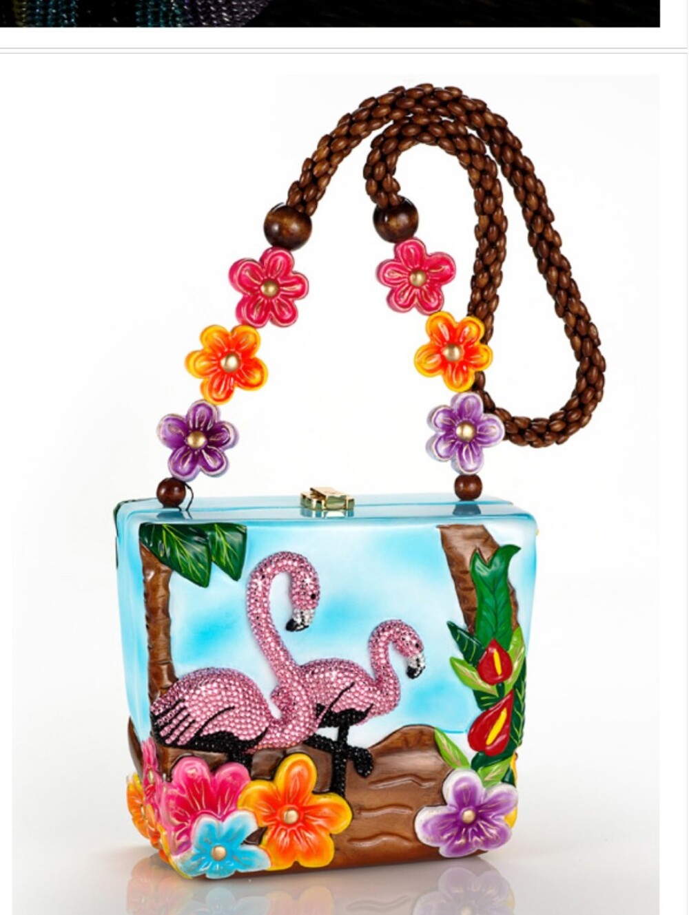 Timmy Woods Swarovski Crystal Flamingo Floral Hawaiian Tropical Wooden Bag